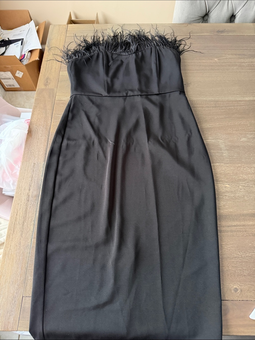 LPA Black Strapless Feather-Trim Midi Dress